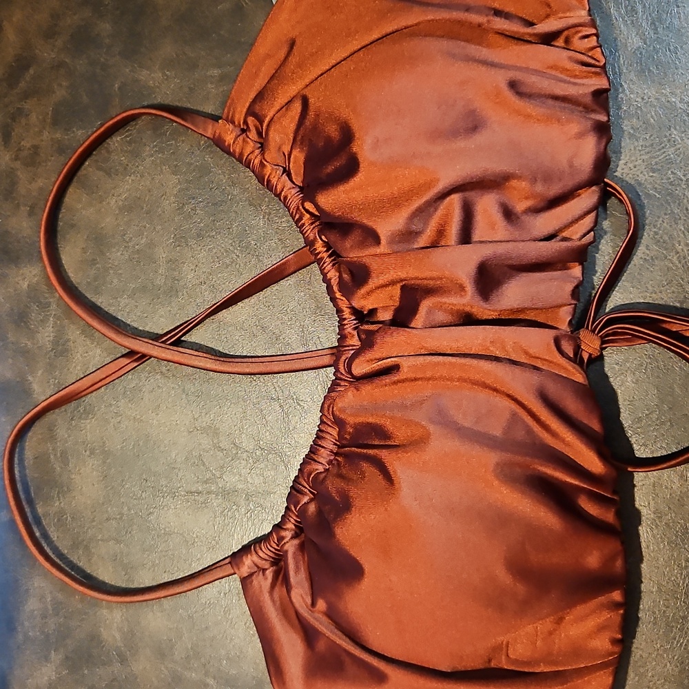 CALIA Scrunched Tie Back Bikini Top: Red Brown Shine: NEW WITH TAGS: SIZE S